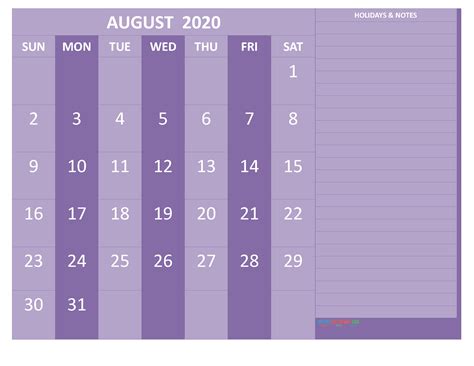 Printable August 2020 Calendar With Holidays Word