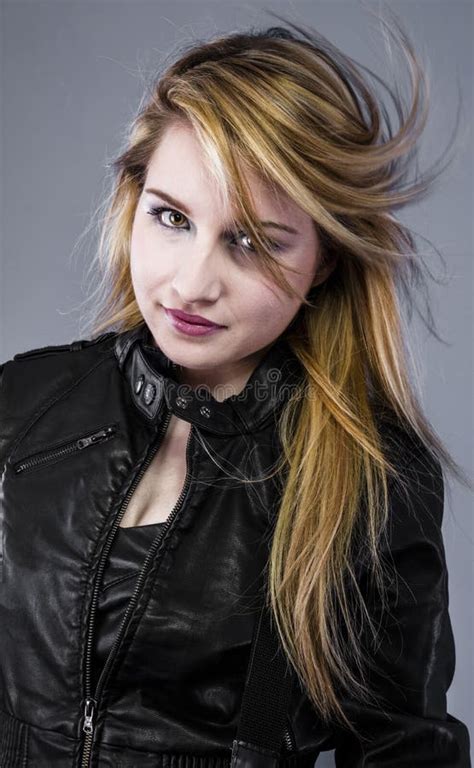 Blonde Wearing Black Leather Jacket Stock Image Image Of Background