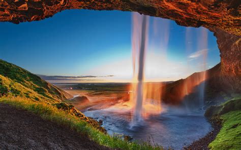 Wallpaper Waterfall Iceland Seljalandsfoss Evening Sunset Desktop