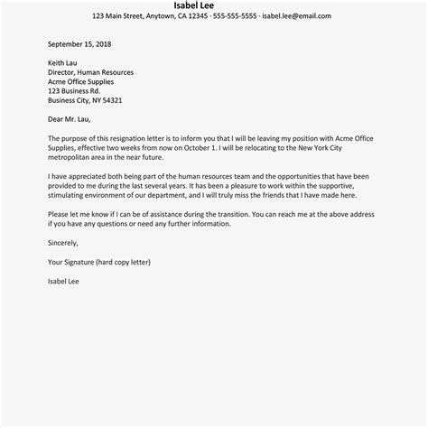 Resignation Letter Due To Relocation Formal Letters