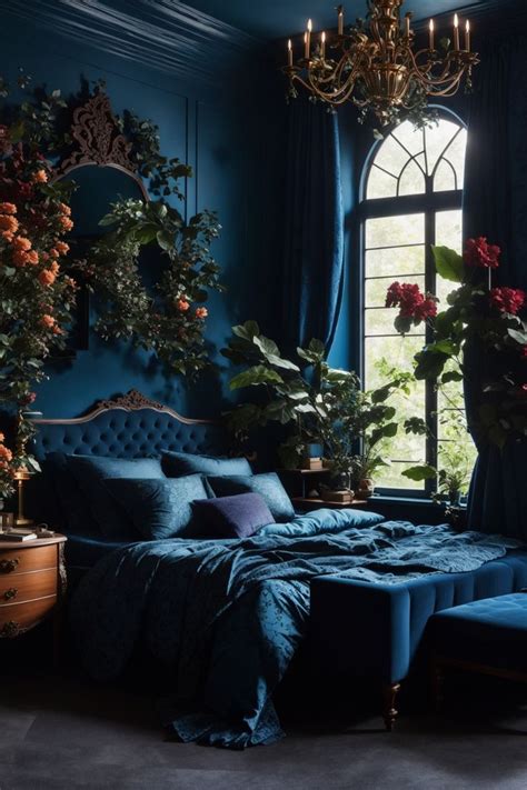 blue lavish dark moody romantic master bedroom the deep blue walls and luxe bedding envelop you