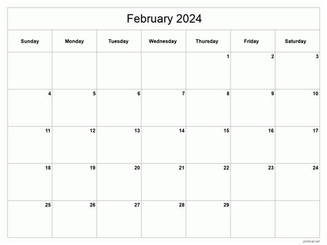 Printable February 2024 Calendar Classic Blank Sheet