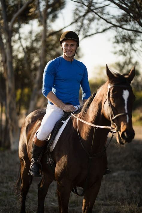 Portrait Of Male Jockey Riding Horse Stock Photo Image Of Herbivorous