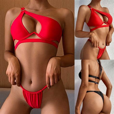 Buy Women Solid Color Hollow Out Push Up Padded Bra Bikini Set Swimsuit Swimwear At Affordable
