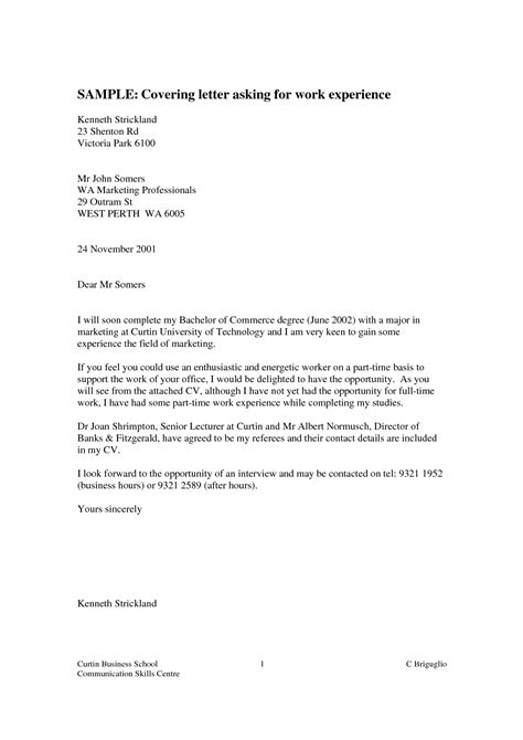 I don't have any experience but i will. Cover Letter For Work Experience Placement - planner ...