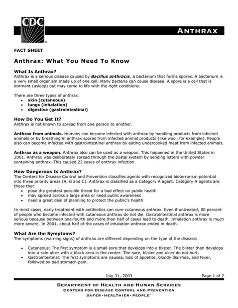 Anthrax What You Need To Know Fact Sheet What Is Anthrax