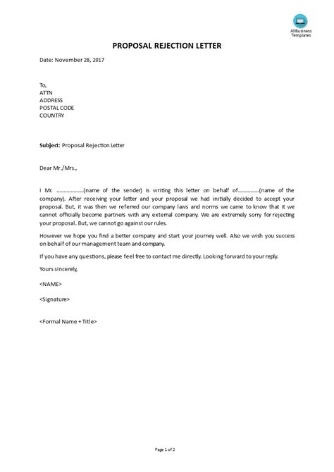 Proposal Rejection Letter Sample Templates At