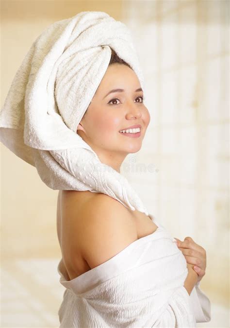 Beautiful Fresh Young Girl Wearing White Bathrobe And A Towel In Her Head Stock Image Image Of