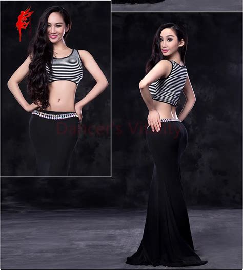 Women Belly Dancing Clothes Sexy Modal Stripes Sleeveless Toplong Sleeves 2pcs Belly Dance Set