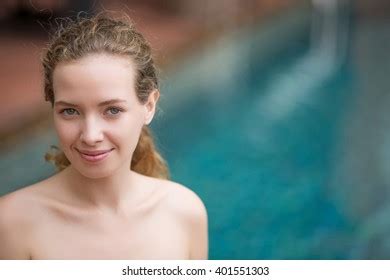 Portrait Beautiful Naked Woman Near Pool Stock Photo