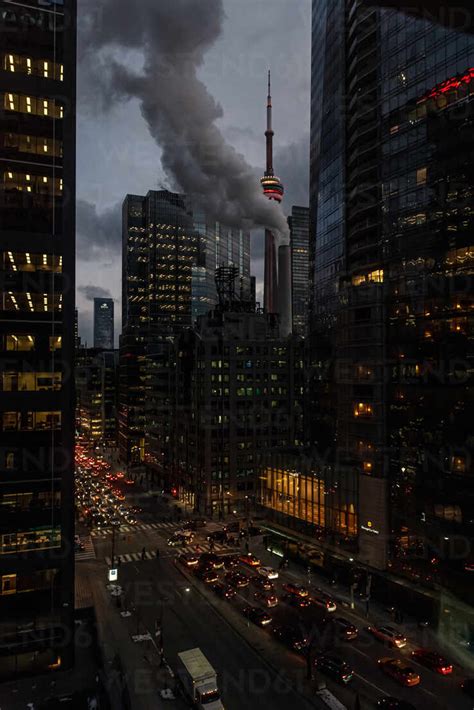 Cn Tower Buildings And Streets In Downtown Toronto Canada At Night