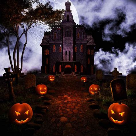 Dark Castle Pumpkins Beside Road Halloween Holiday Photo Backdrop