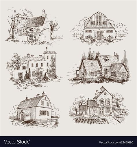 Set Of Rural Landscape With Old Farmhouse Vector Image