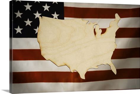 Cut Out Map Of America Made Of Wood With The American Flag