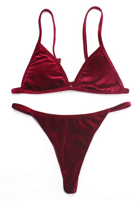 Women S Sexy Velvet Triangle Brazilian Thong Bikinis Sets Wine Red