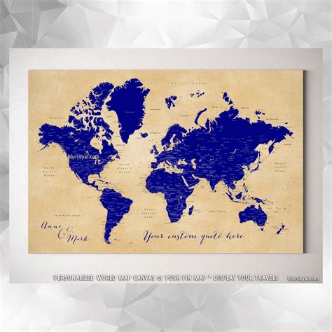 Custom World Map With Cities Canvas Print Or Push Pin Map In Navy Blue