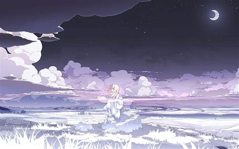 Hd Wallpaper Anime Girls Night Moon Clouds White