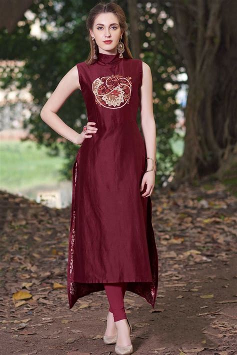 samyakk maroon silk embroidered high low kurti kurti neck designs high neck kurti design