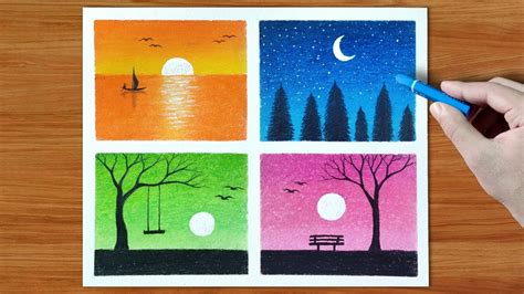 Beautiful 4 Different Scenery Drawing Easy Oil Pastel Drawing Step