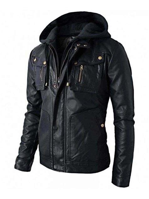 Mens Brando Style Biker Real Leather Hoodie Jacket Detach Hood