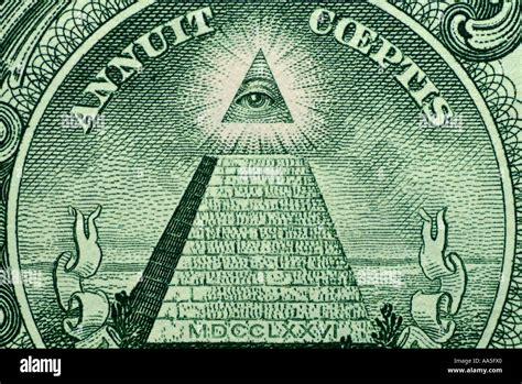 Back Of An American Us One Dollar Bill Showing A Pyramid With 13 Stock