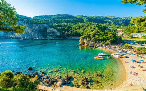 Beaches On Corfu Island Ionian Sea Greece Sandy Beach Dense Green Forest Olive Trees Limestone