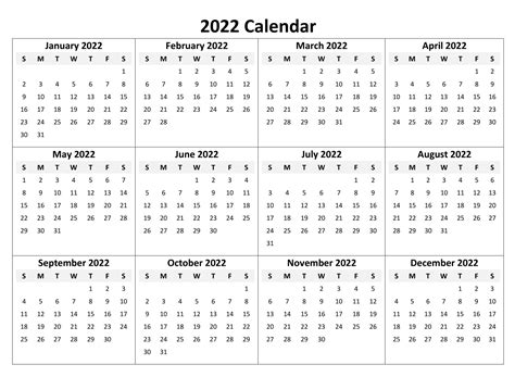 Blank Yearly Calendar 2022 Horizontal Layout 20 Yearly Calendar 2022