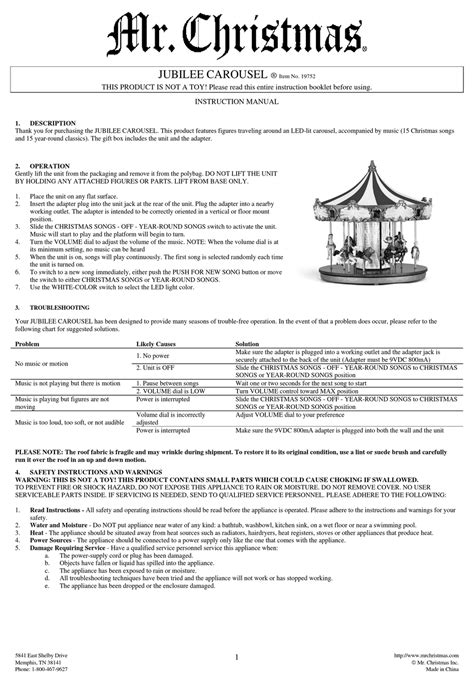 Mr Christmas Jubilee Carousel Instruction Manual Pdf Download Manualslib