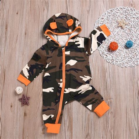 Newborn Baby Boy Girls Camouflage Hoodies Romper Zipper Long Printed