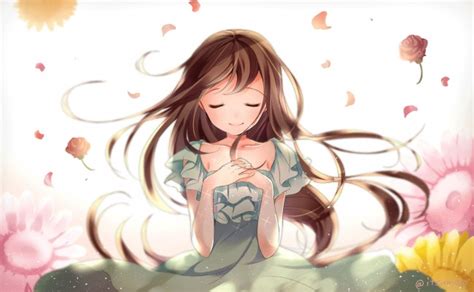 Wallpaper Anime Girl Closed Eyes Flowers Brown Hair