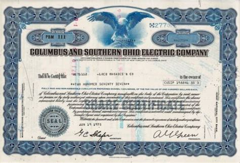 1975 Columbus And Southern Ohio Electric Company 277 Shares 752 Cum