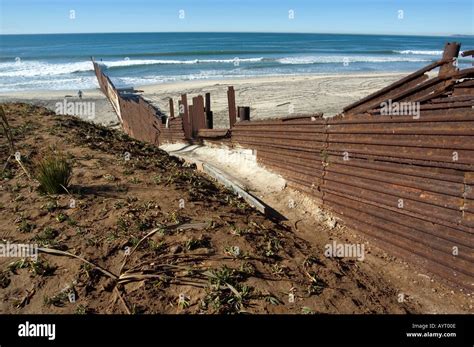 Usa Mexican Border Fence Running Into The Pacific Ocean Tijuana Stock