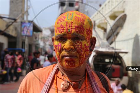Image Of Old Man With Colors On His Face Holi Celebrations Indian