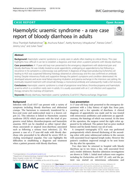 Pdf Haemolytic Uraemic Syndrome A Rare Case Report Of Bloody