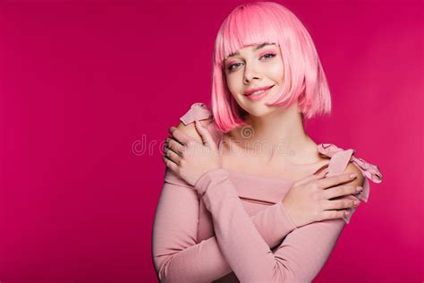 Beautiful Stylish Girl Posing In Pink Wig Isolated Stock Image Image Of Styling Person