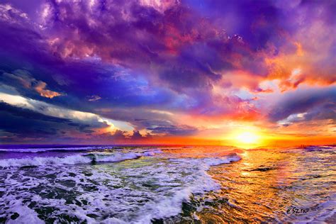 Red Purple Sea Sunset Sun Trail Waves Seascape Photograph