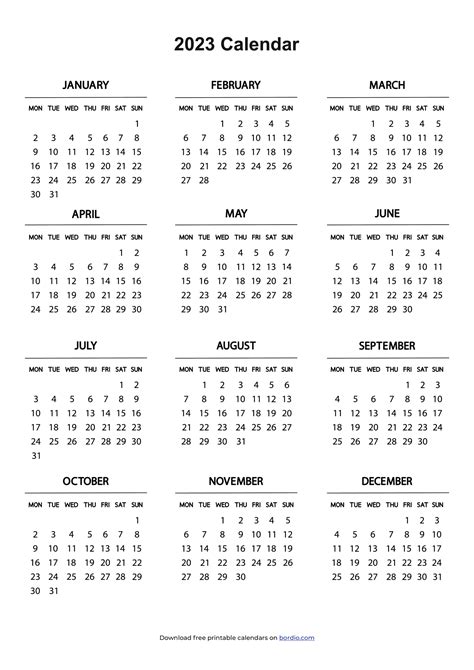 Printable Yearly Calendar 2023 Free Download In Pdf Bordio