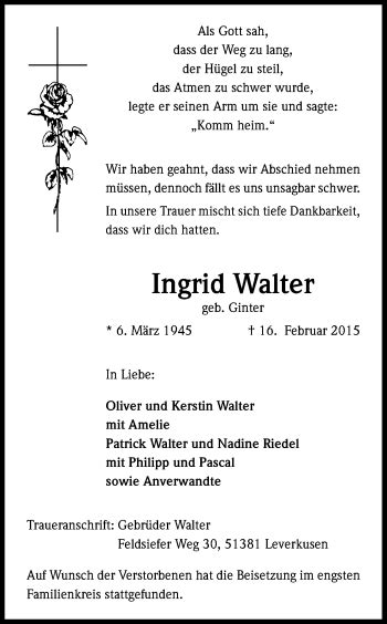 Traueranzeigen Von Ingrid Walter Wirtrauern