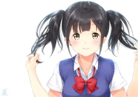 Download 1637x1158 Anime Girl Twintails Black Hair Smiling School