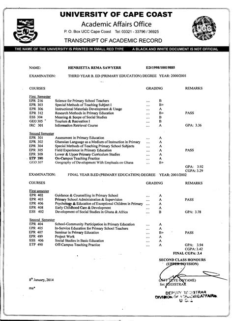 A transcript is an official document that records a student's academic progress. University of Cape Coast UCC Transcript - 2019/2020