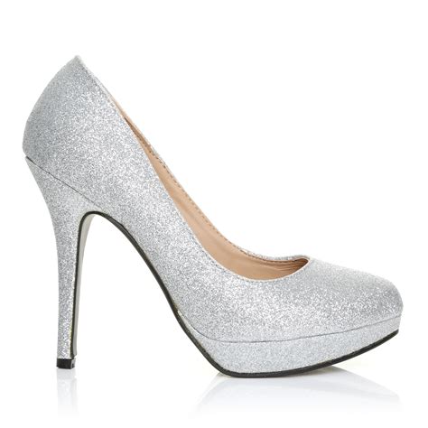 Eve Silver Glitter Stiletto High Heel Platform Court Shoes