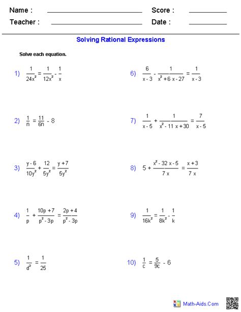 11th Grade Algebra 2 Worksheets With Answer Key