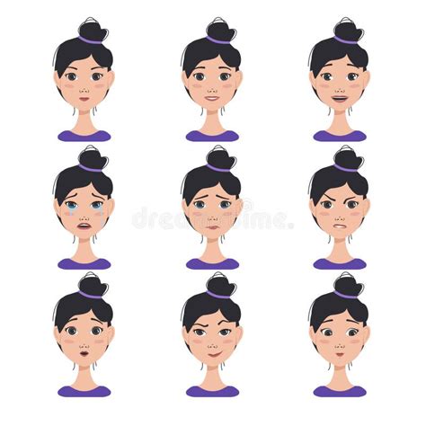 Set Of Facial Expressions Avatars Of An Oriental Woman With Different