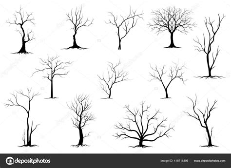 Black Branch Tree Naked Trees Silhouettes Set Hand Drawn Isolated Stock