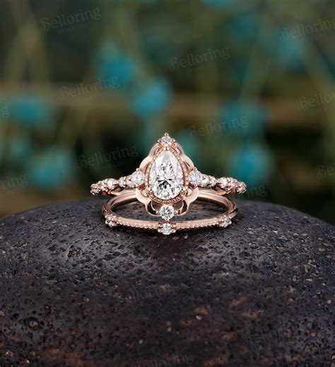 Pear Shape Moissanite Engagement Ring Vintage Rose Gold Engagement Ring