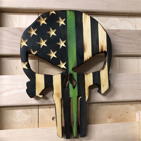 Free delivery for many products! Wooden American Flag Punisher Skull Thin Blue Line (Red ...