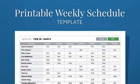 printable weekly work schedule template  employee