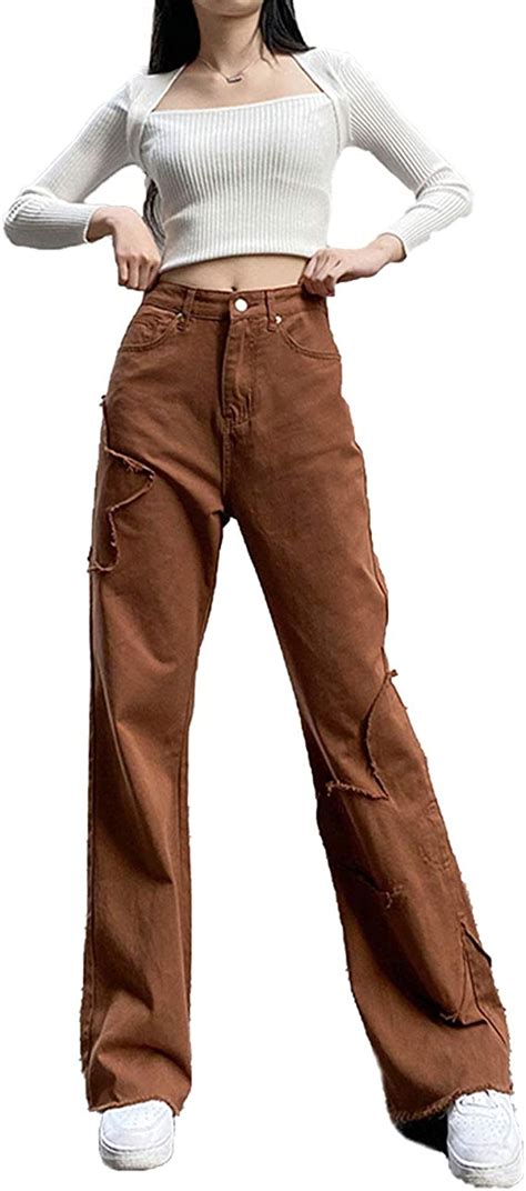 Women Straight Leg Denim Jeans Y2k High Waist Trousers Vintage Flower Patchwork Baggy Flare