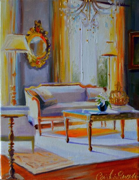 Franse Sitkamer Original Painting French Interior Sunlit Room Red