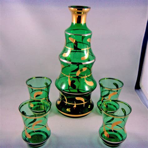 Vintage Barware Decanter Set Green Glass Decanter And Etsy Glass Decanter Set Decanter Set